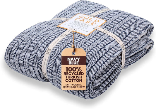 Gold Case Throw Blanket for Bed – 100% Recycled Turkish Cotton Bed Blanket – Decorative Throw Cotton Blankets for Living Room & Bedroom – Vintage Navy Blue Woven Queen Blankets – 90x90