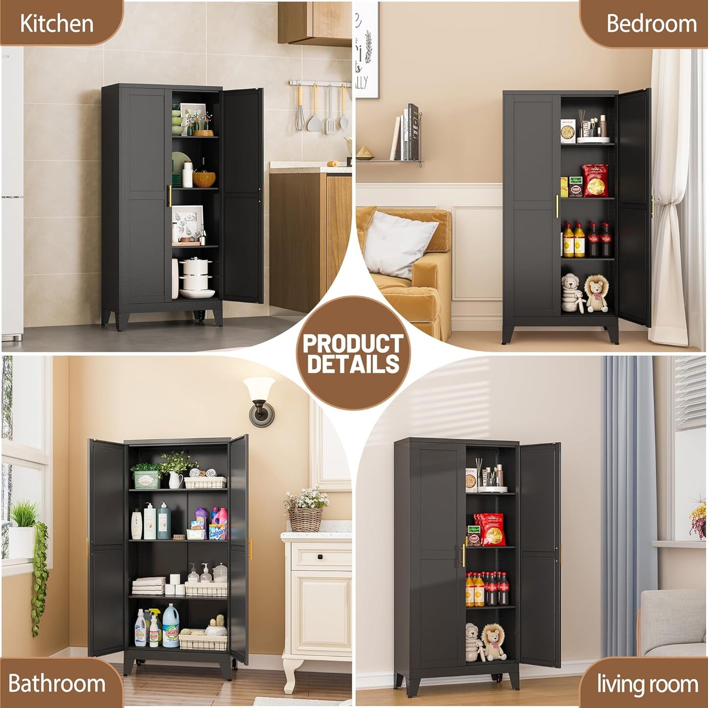 Metal Kitchen Pantry Storage Cabinet with 2 Doors and 3 Adjustable Shelves,Pantry Cabinet with Adjustable Leveling Foot for Kitchen, Living Room, Dining Room（Black）