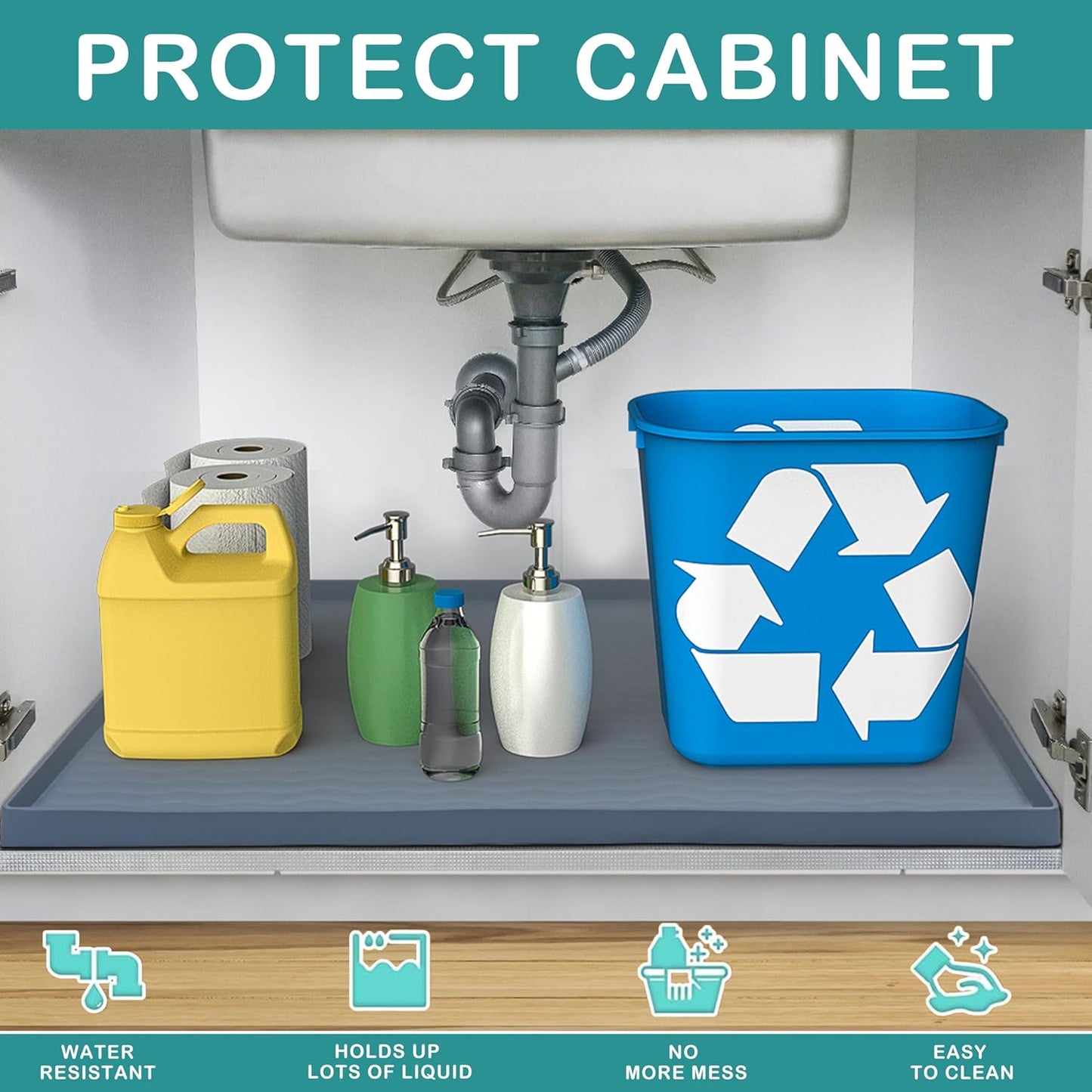 URMONA Waterproof Silicone Under Sink Mat 19'' x 19'' Shelf Liner for Kitchen and Bathroom, Cabinet and Counter Protector, Storage and Organizers, Litter Mat, Pet Cat Puppy Essentials(Light Grey)