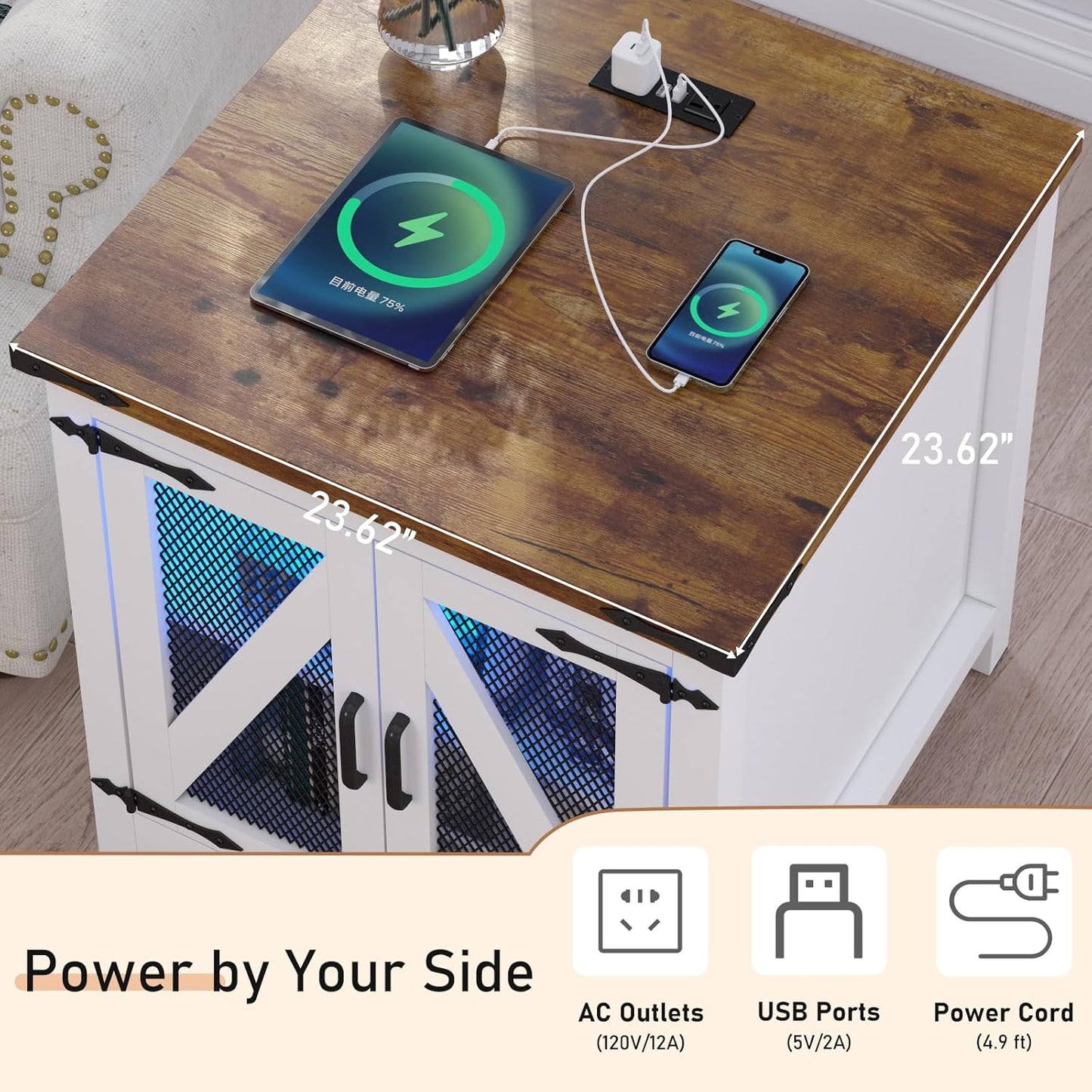 Farmhouse End Table, 24" Large Sofa Side Table with Charging Station, Mesh Barn Door, and Adjustable Storage Shelf, Rustic Wood Square Nightstand for Living Room, Bedroom, Office, White &Brown