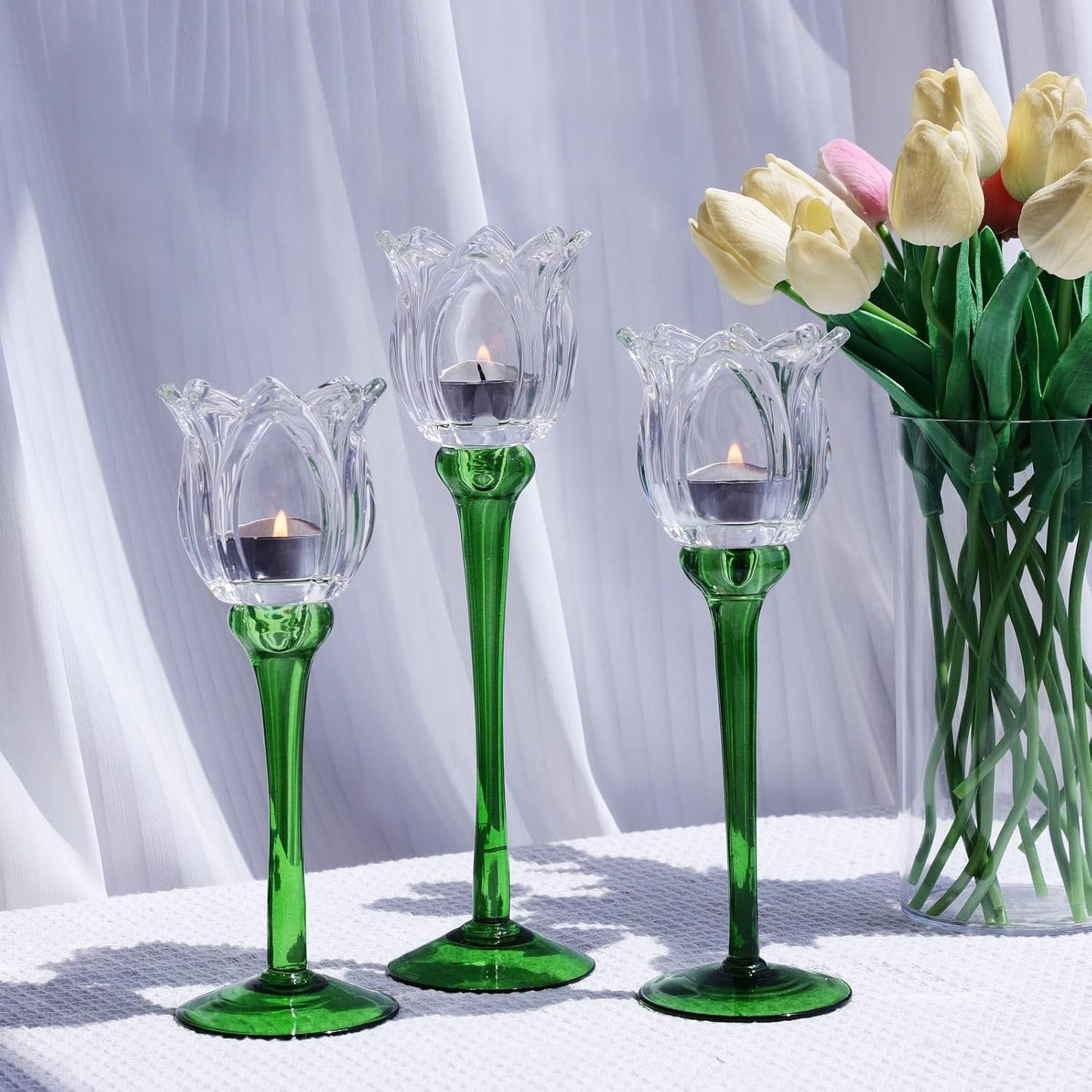 VOHO Tulips Glass Clear Candle Holder Decor for Home Living Room, 3pcs Varying Heights Tealight Candle Holder Wedding Centerpieces for Tables, White Flower Tall Votive Candle Holders Gifts for Friends