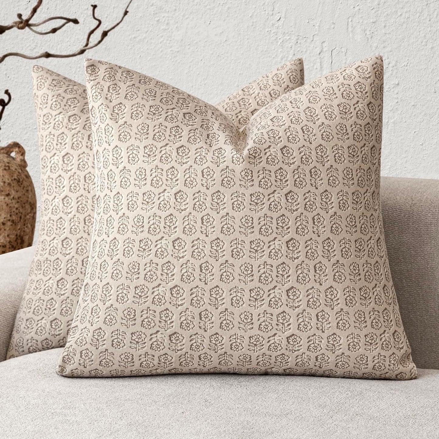 Foindtower Set of 2 Decorative Neutral Floral Print Throw Pillow Covers Vintage Accent Farmhouse Cushion Covers Boho Home Decor for Sofa Chair Couch Bedroom Living Room Outdoor,18×18 Inch,Ivory Beige