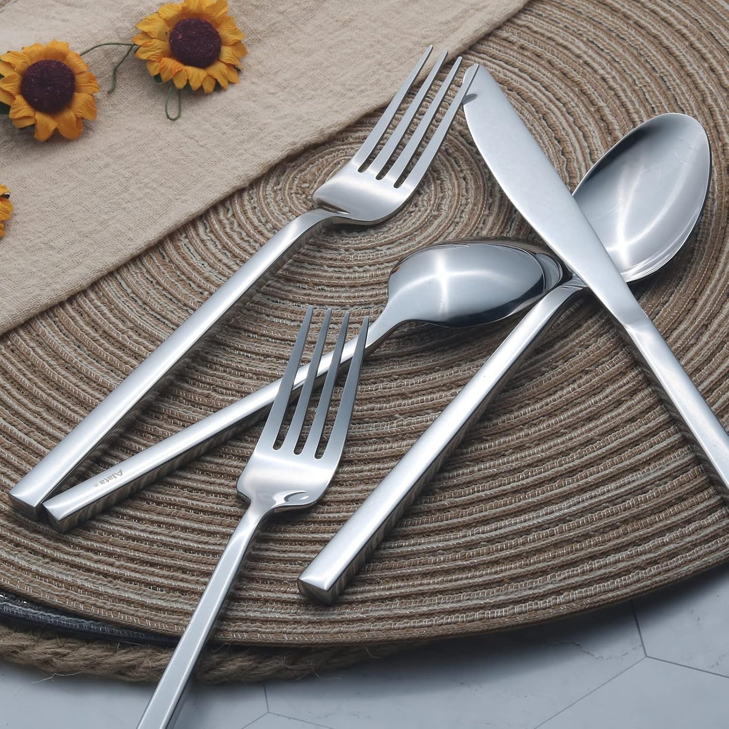Alata Cube 40-Piece Forged Stainless Steel Flatware Set Cutlery Set, Silverware Set Service for 8, Mirror Finish, Dishwasher Safe