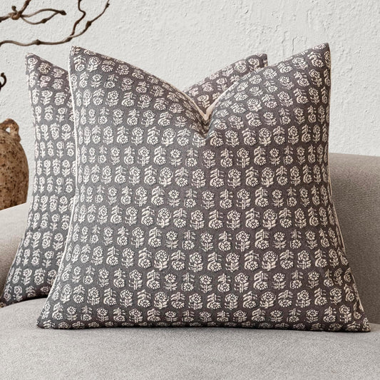 Foindtower Set of 2 Decorative Vintage Floral Print Throw Pillow Covers Neutral Modern Farmhouse Cushion Covers Boho Home Decor for Sofa Couch Chair Bedroom Living Room Outdoor,18×18 Inch,Rustic Gray
