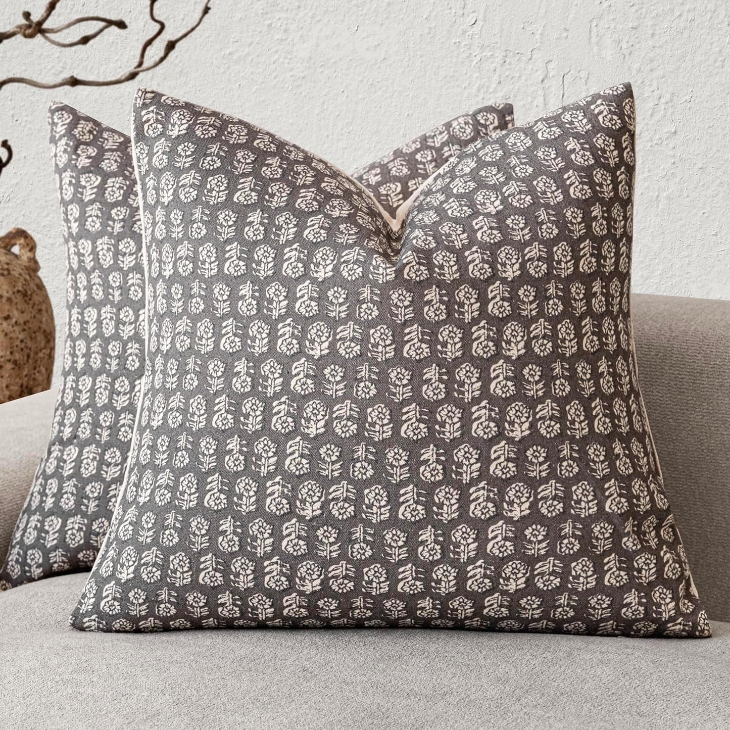 Foindtower Set of 2 Decorative Vintage Floral Print Throw Pillow Covers Neutral Modern Farmhouse Cushion Covers Boho Home Decor for Sofa Couch Chair Bedroom Living Room Outdoor,24×24 Inch,Rustic Gray