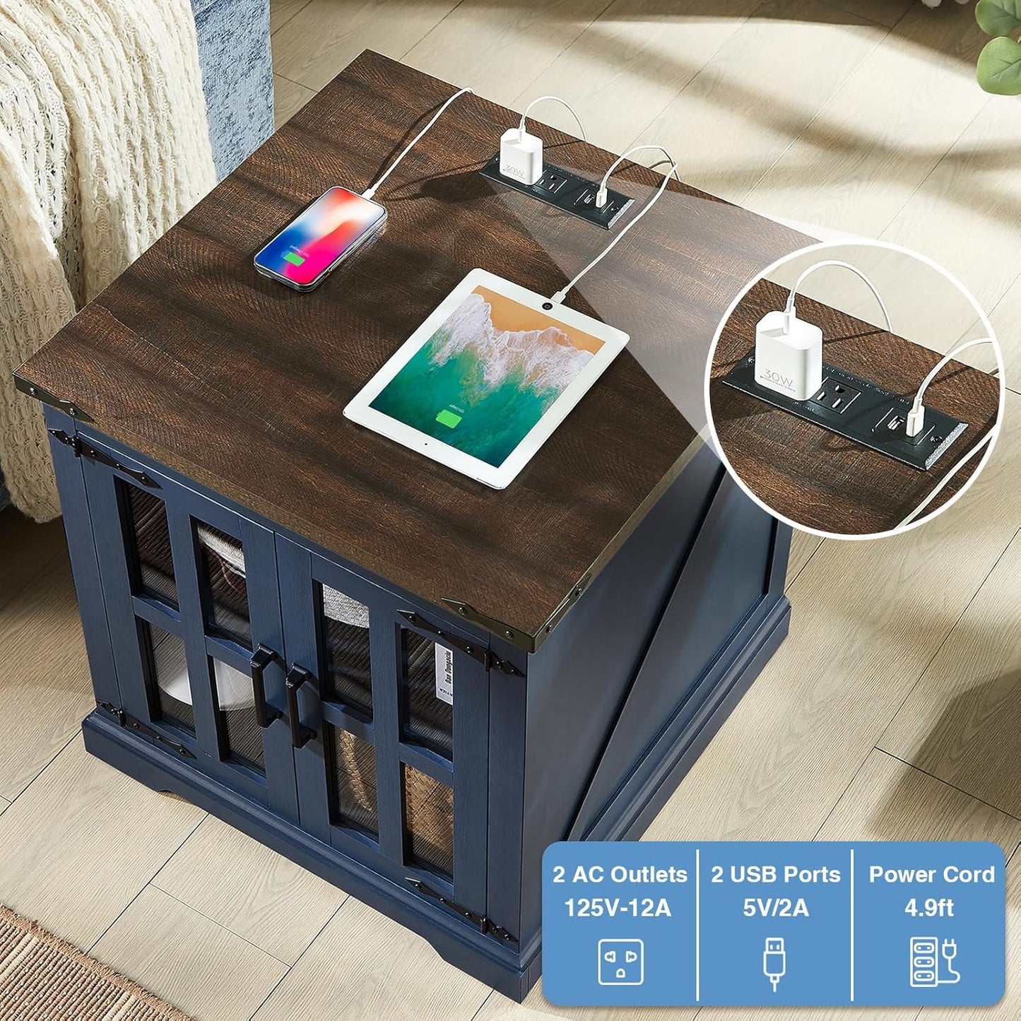 Farmhouse End Table with Charging Station,24" Large Sofa Side Table with Glass Barn Door, Rustic Wood Nightstand Bedside Table with Adjustable Storage Shelf for Living Room, Bedroom, Blue