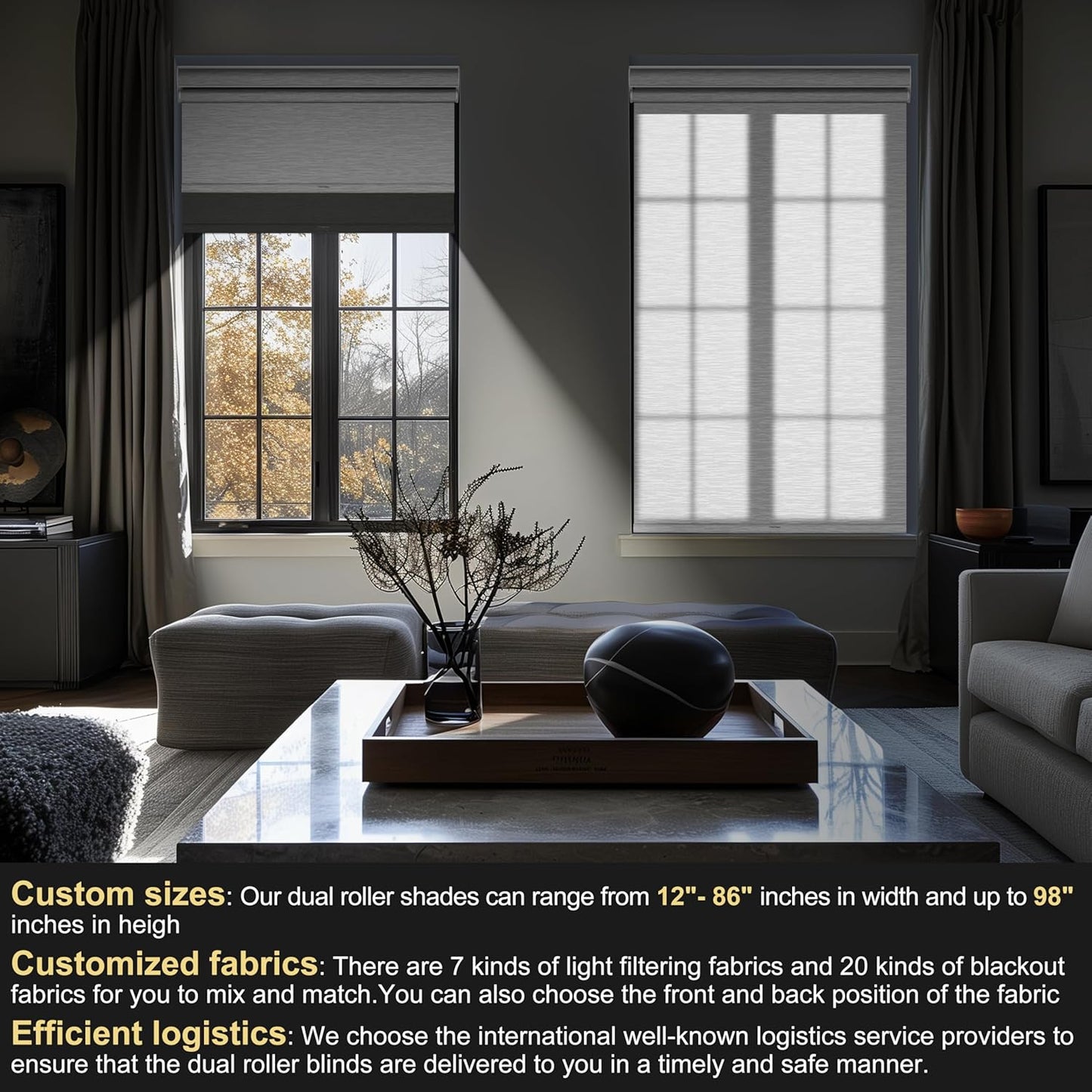 BERISSA Cordless Dual Roller Shades with Cassette Valance, Double Window Shades - Blackout and Light Filtering, Day and Night for Home Office Door - Grey and White, 53 W x 36 H
