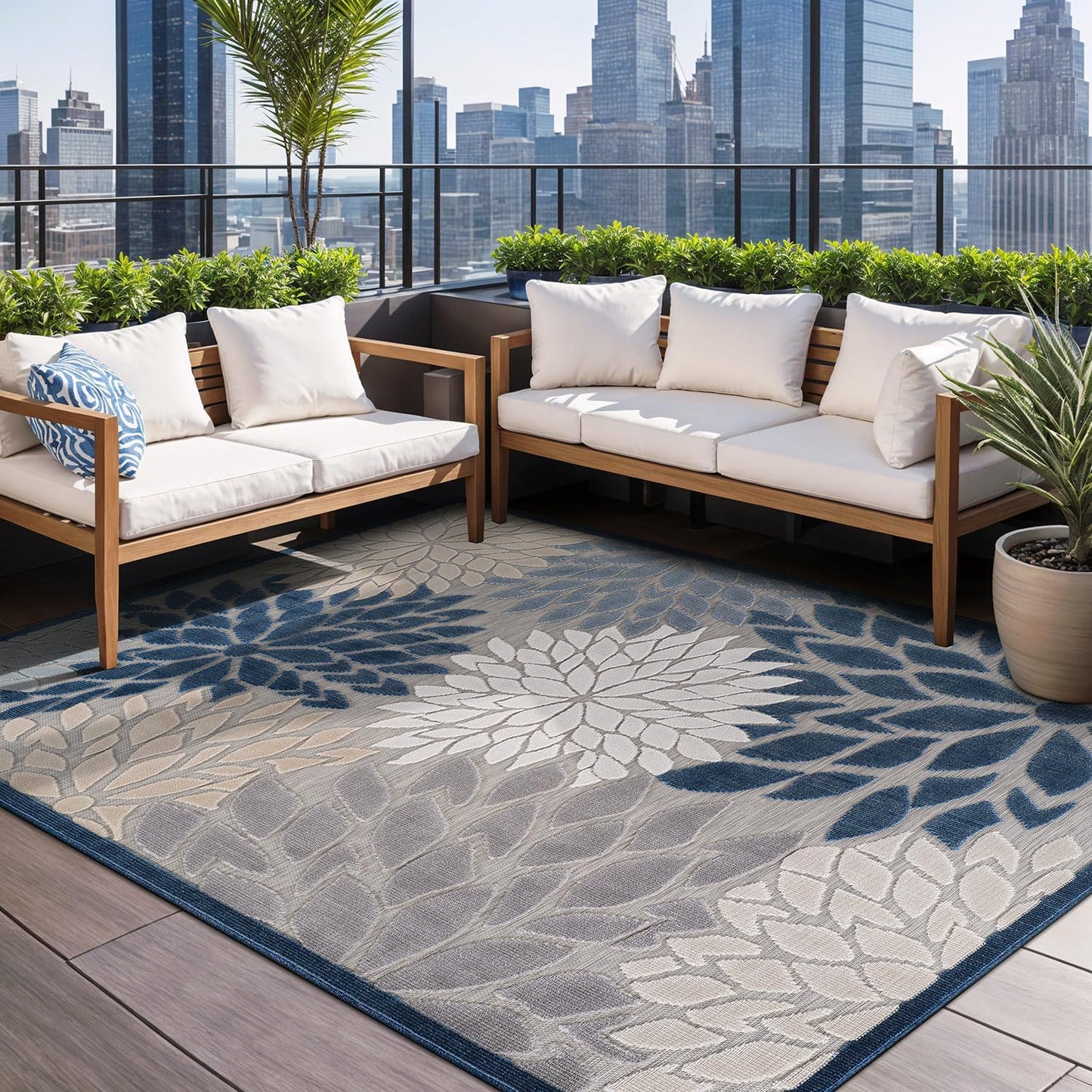 Beverly Rug Outdoor Rug 9x12 Large Modern Floral Tropical Area Rugs for Indoor and Outdoor Patio Easy to Clean Non Shedding Living Room Porch Garden Washable Outside Carpet (9 x 12 Blue)