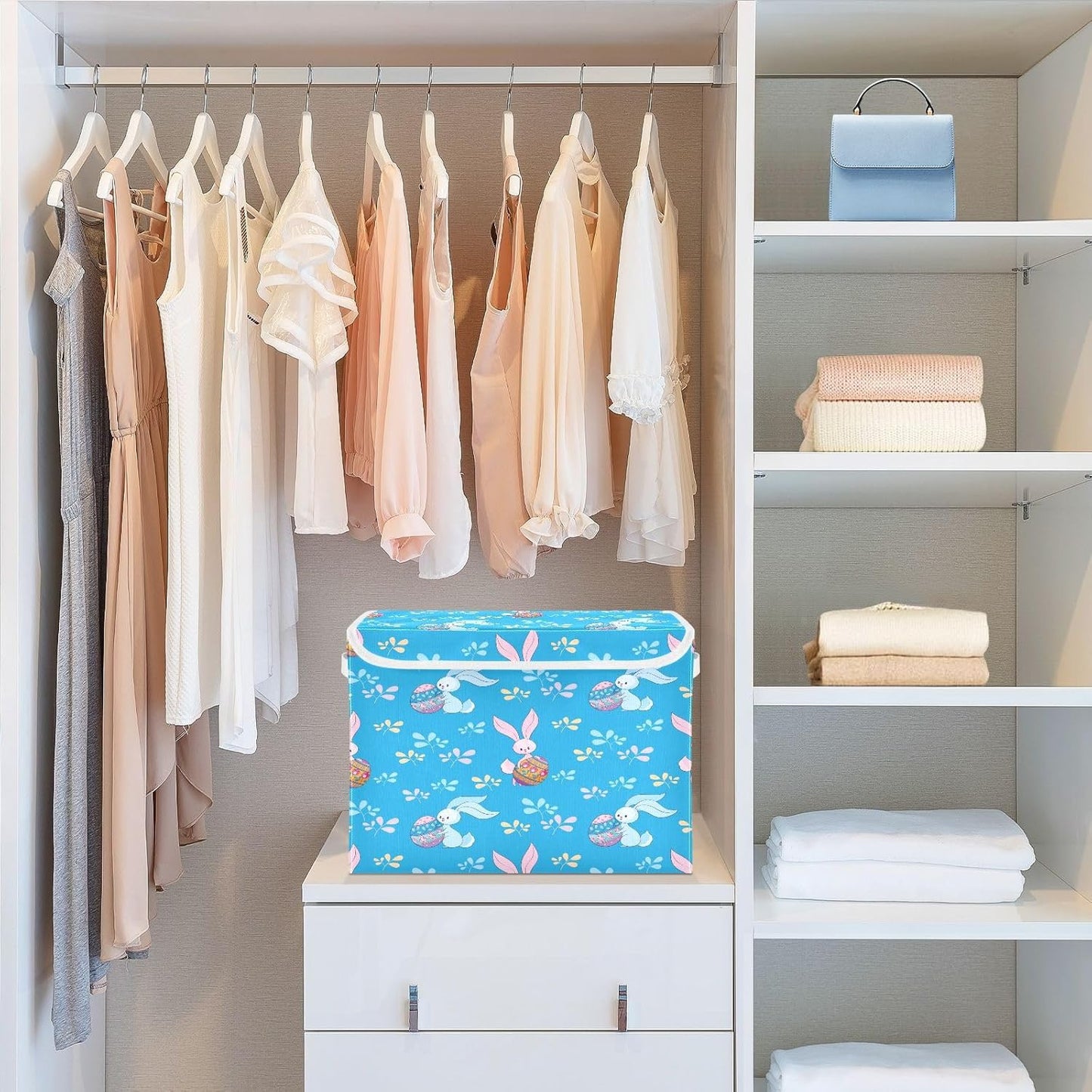 susiyo Blue Bunnies Colored Eggs fabric storage baskets with lids,Collapsible Storage Boxes,Foldable storage boxes with handles for Home,Office,Closet Organization