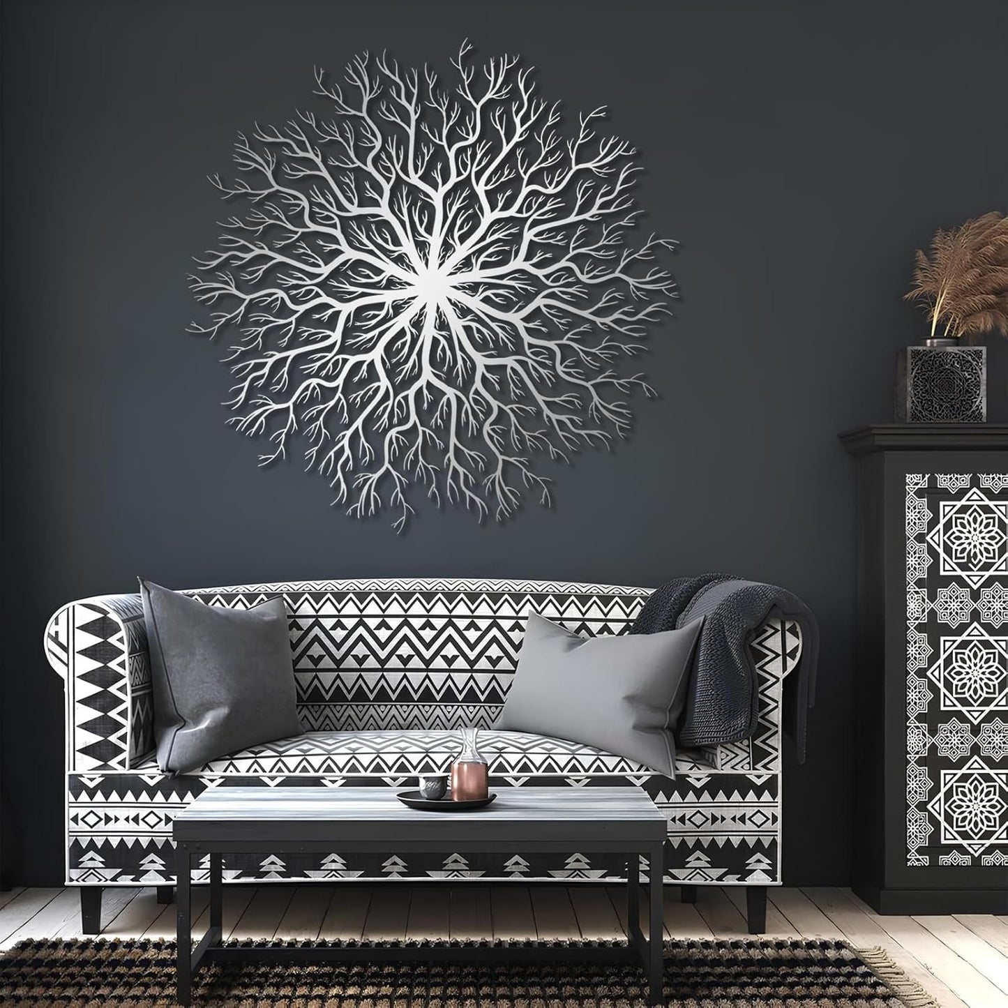 Tree of Life Metal Wall Art, Metal Tree Wall Art, Large Round Sculpture, Round Branch Wall Decor, Large Branch Artwork, Nature Sign, Wall Decor for Living Room, Housewarming Gift (Silver, 39"x39"|100x100cm)