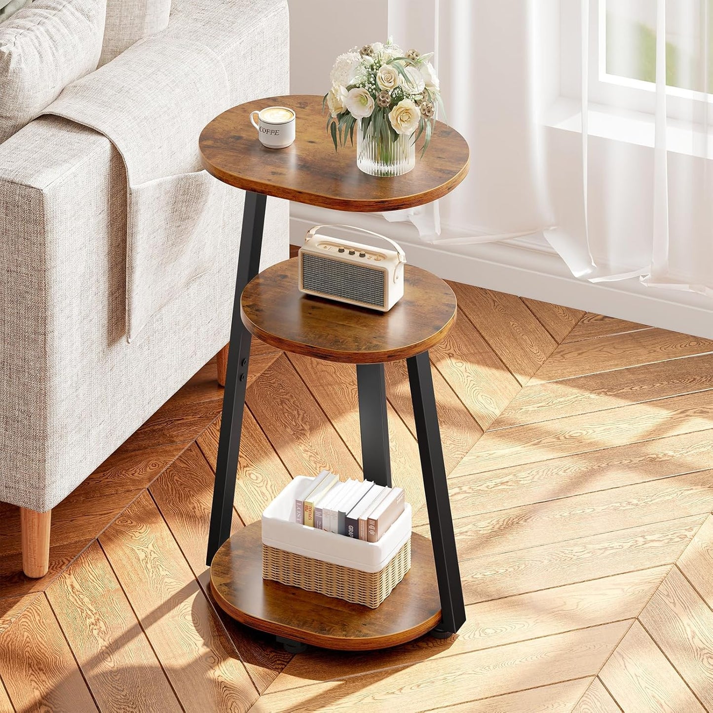 Side Table, Small End Table with Metal Frame, 3-Tier Bedside Tables, Round Side Tables for Living Room Bedroom Couch Bathroom, Oval, Vintage Brown