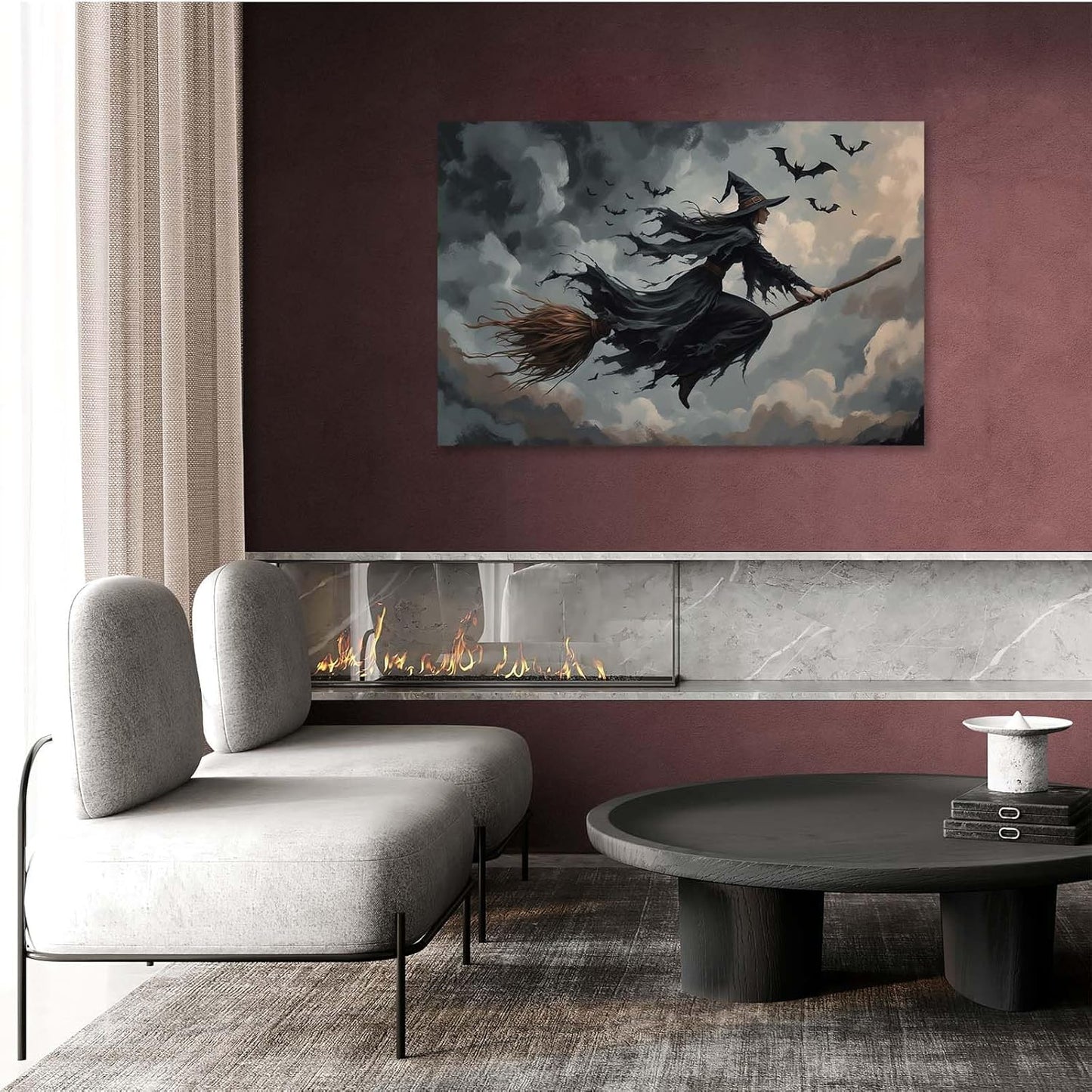 JFHCQJPK Witch and bat flying Halloween poster suitable for home party wall decoration retro Halloween preppy style wall art canvas print suitable for room decoration16x24in Frameless