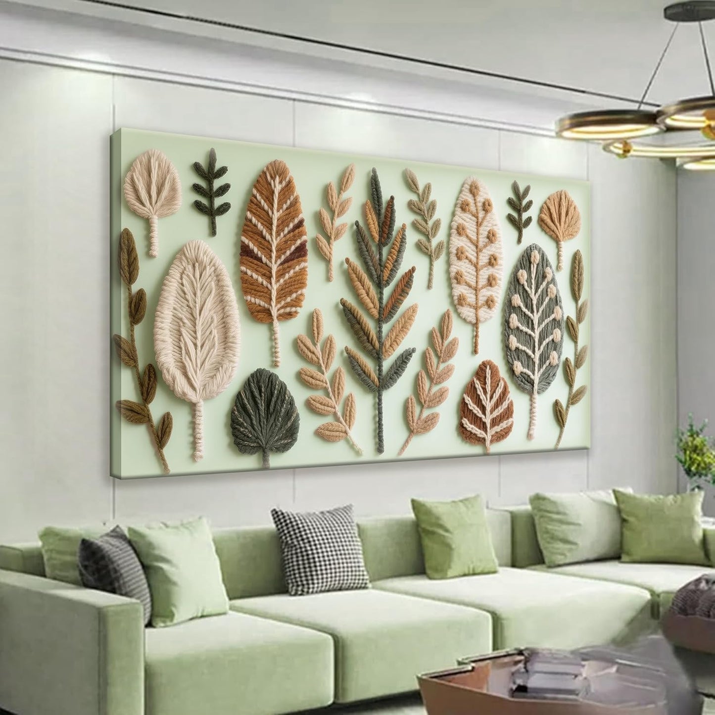 Boho Wall Art Chic Home Wall Art Modern Bohemian Feather Green Canvas Wall Art Decor For Apartment Dorm Living Room Bedroom Nursery Backdrop 20"W X 40"L Ready To Hanging