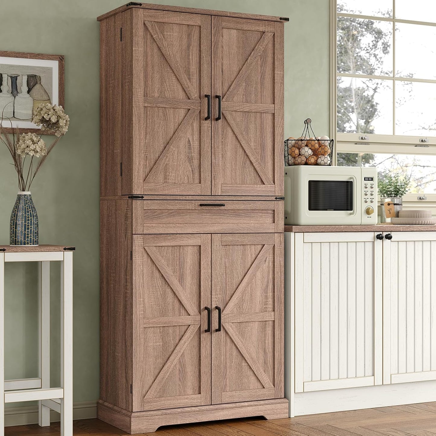 72'' Kitchen Storage Pantry Cabinet, Tall Storage Cabinet with 8 Door Shelves, 2 Cabinets and 1 Drawer, Freestanding Cupboard for Kitchen, Dining Room, Bathroom, Laundry, Living Room, Espresso