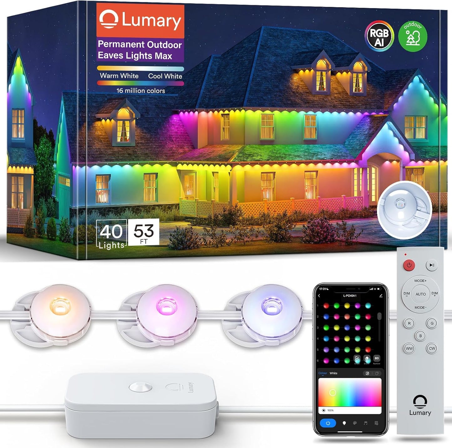 Lumary Permanent Outdoor Lights Max 53ft with 40 LED Eave Lights RGBAICW 2400LM, IP67 Waterproof, IC Control and Scene Modes for Halloween Christmas Decoration, Works with Alexa and Google Assistant
