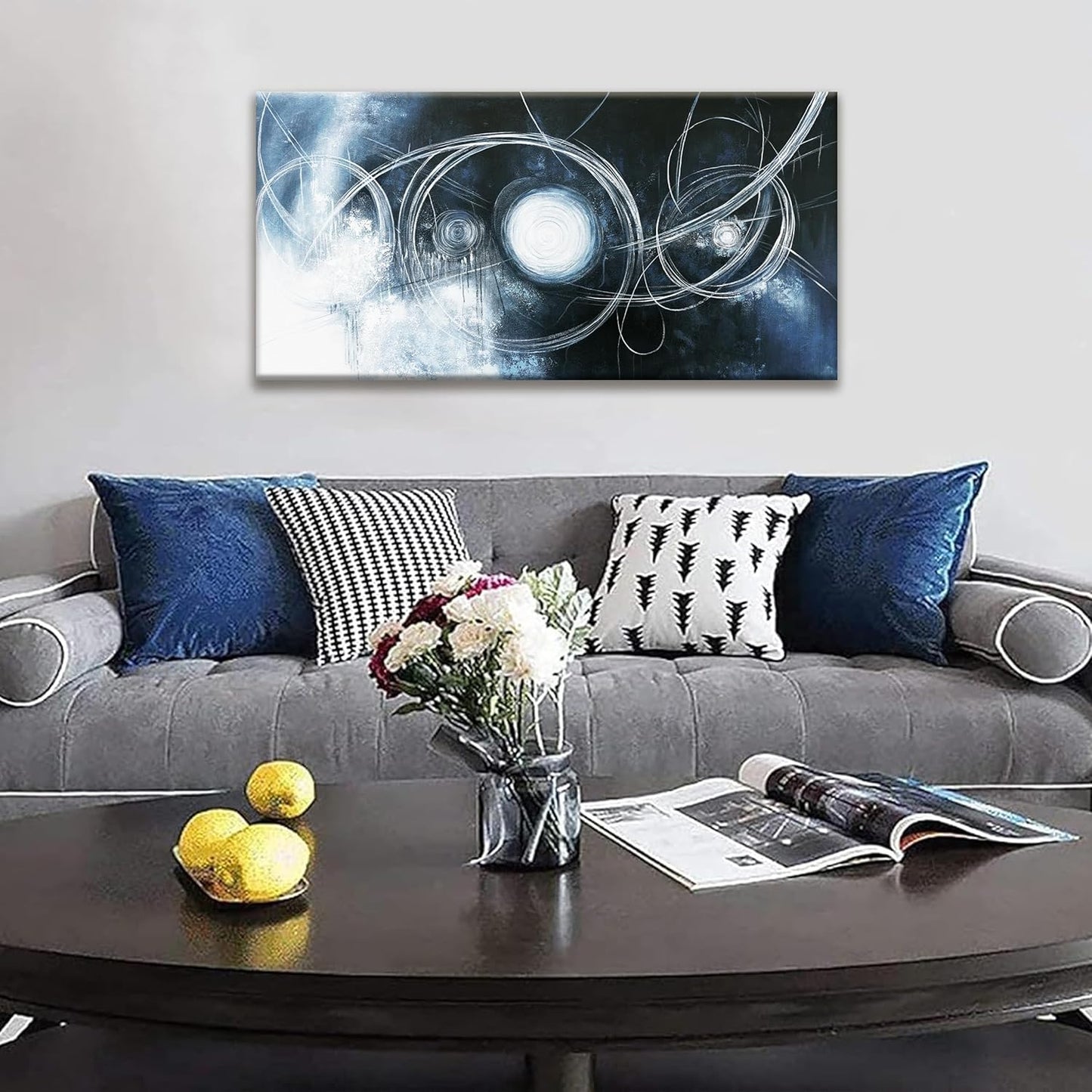 TAIJXAGSG Canvas Wall Art Decor Artwork Modern Paintings Dark Blue Wall Decorations Maximalist White Line Abstract Wall Art Prints For Wall Bedroom Kitchen Office Artwork Ready To Hang 20"×40"