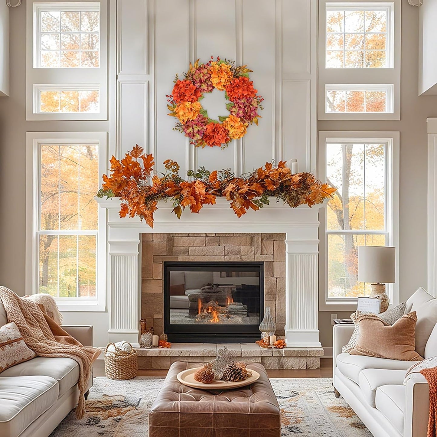 Artificial Fall Wreath for Front Door – 24 Inch Hydrangea Floral Wreath with Orange & Burgundy Flowers, Autumn Thanksgiving Door Décor