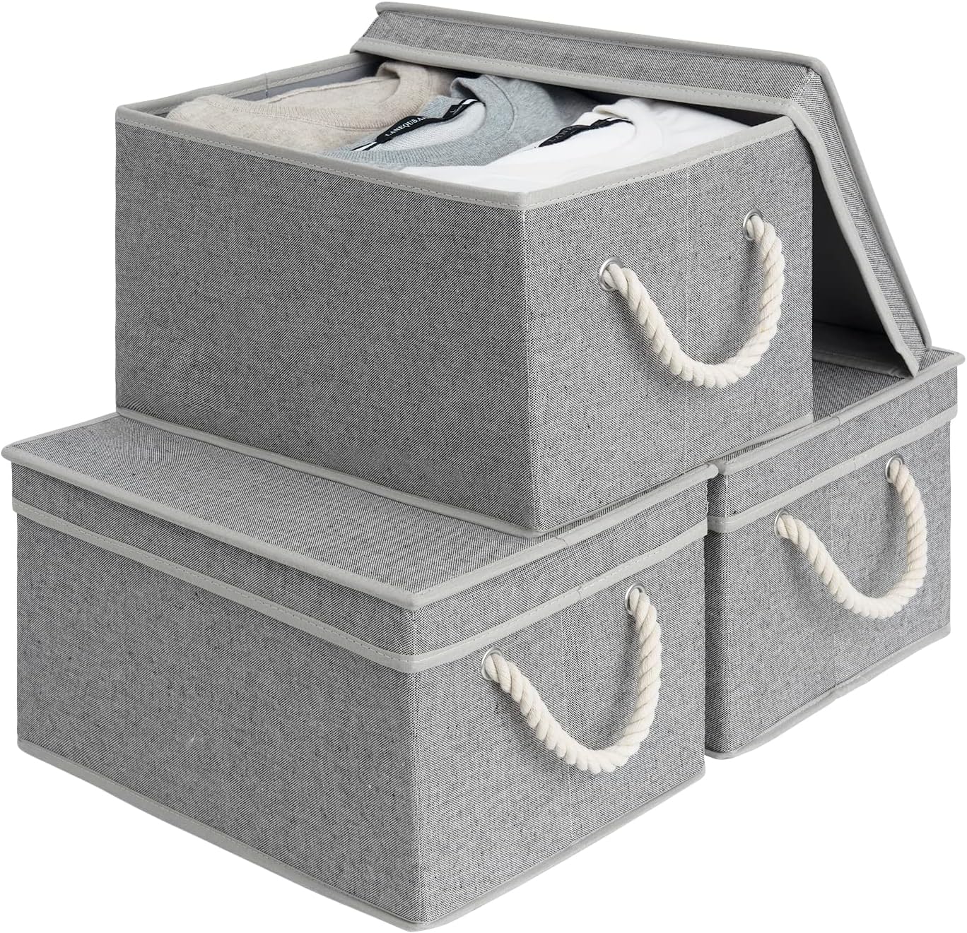 StorageWorks Large Storage Bins with Lids, Decorative Storage Boxes with Lid and Soft Rope Handles, Foldable Storage Baskets for Closet, Shelves, Stackable, Gray, 3-Pack