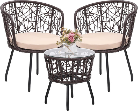 Kromax 3 Piece Bistro Set, Modern Outdoor Wicker Patio Furniture with Tempered Glass Table Top and 2 Chairs, Washable Cushions, Brown Rattan and Begie Cushion