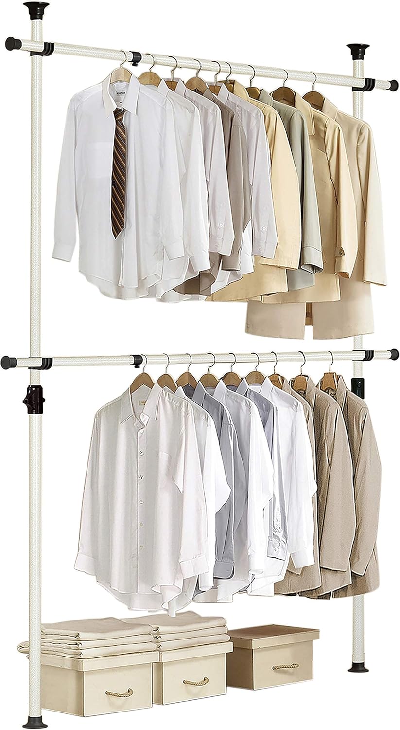 PRINCE HANGER Rack Heavy Duty One Touch System Load 352LBS Clothing Racks for Hanging Clothes Metal Closet Garment Closet system Tension Rod Free Standing Ivory Width Adjustable PHUS-0023