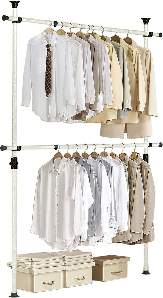 PRINCE HANGER Rack Heavy Duty One Touch System Load 352LBS Clothing Racks for Hanging Clothes Metal Closet Garment Closet system Tension Rod Free Standing Ivory Width Adjustable PHUS-0023