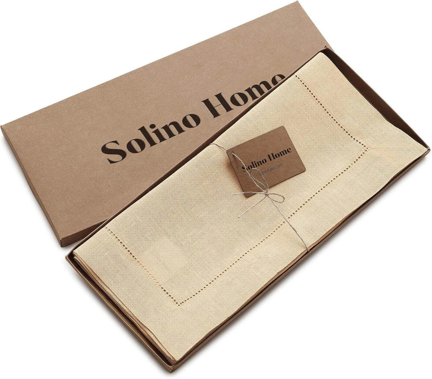 Solino Home Linen Beige Table Runner 108 Inches Long - 100% Pure Linen 14 x 108 Inch Table Runner for Fall, Autumn, Thanksgiving - Classic Hemstitch