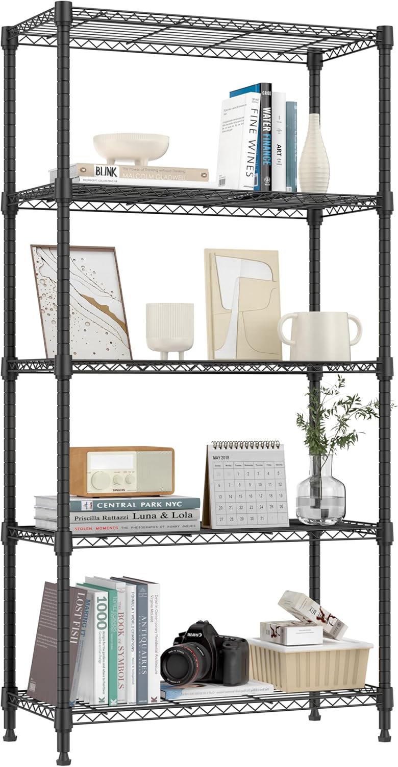 1250 lbs 5 Tier Shelf Metal Storage Shelves Shelving Wire Rack Heavy Duty Closet Organizers for Garage Kitchen Bathroom Laundry Black 13.8" D x 29.5" W x 59.5" H
