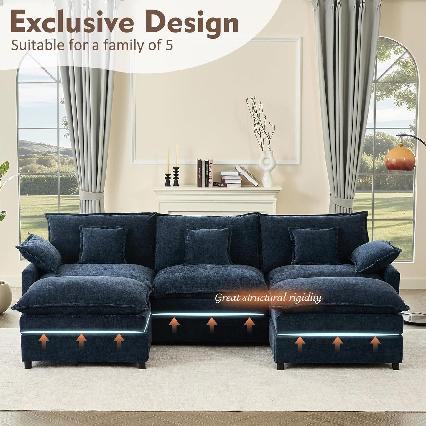 108" U Shaped Couch, Modular Sectional Sofa, 3-Seater Comfy Cloud Couch with Movable Ottoman, Deep Seat Couches for Living Room, Chenille, Navy