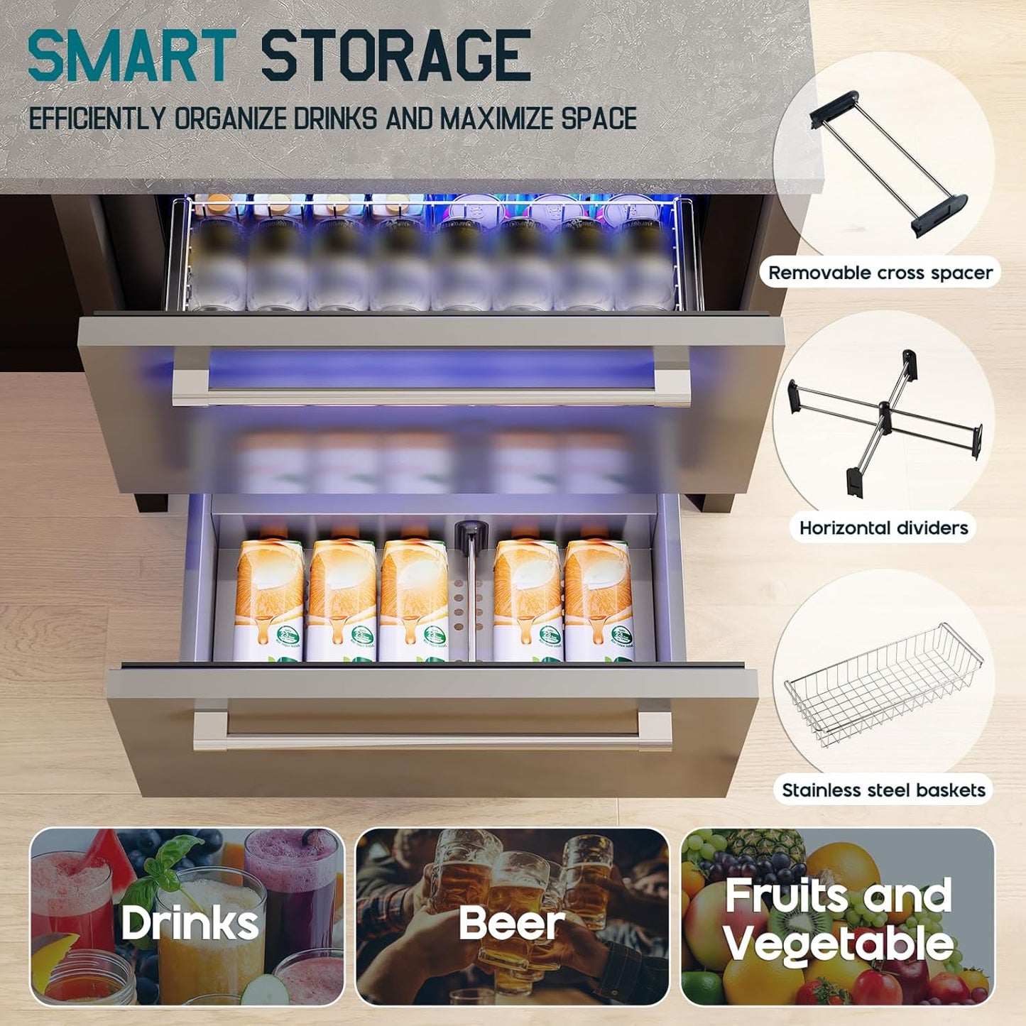 Albott 24 Inch Under Counter Drawer Fridge – Stainless Steel Beverage Refrigerator with Dual Drawers, LED Touch Control, Adjustable Storage, Frost-Free, Low Noise, 34-72℉, for Indoor or Outdoor Use