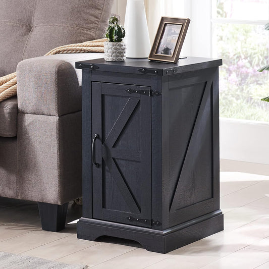 JXQTLINGMU Nightstand with Charging Station, Rectangular Farmhouse End Table with Barn Door and Adjustable Storage Shelf, 17" Deep Wood Rustic Sofa Side Table for Living Room, Bedroom, Black