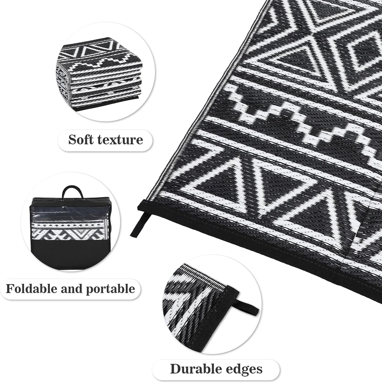 GAOMON Outdoor Plastic Straw Rug, 10'x20' Reversible Sage Green Patio Mat, Flower Modern Design for RV, Backyard, Deck, Camping, Picnic, Black/White(Bohemia)