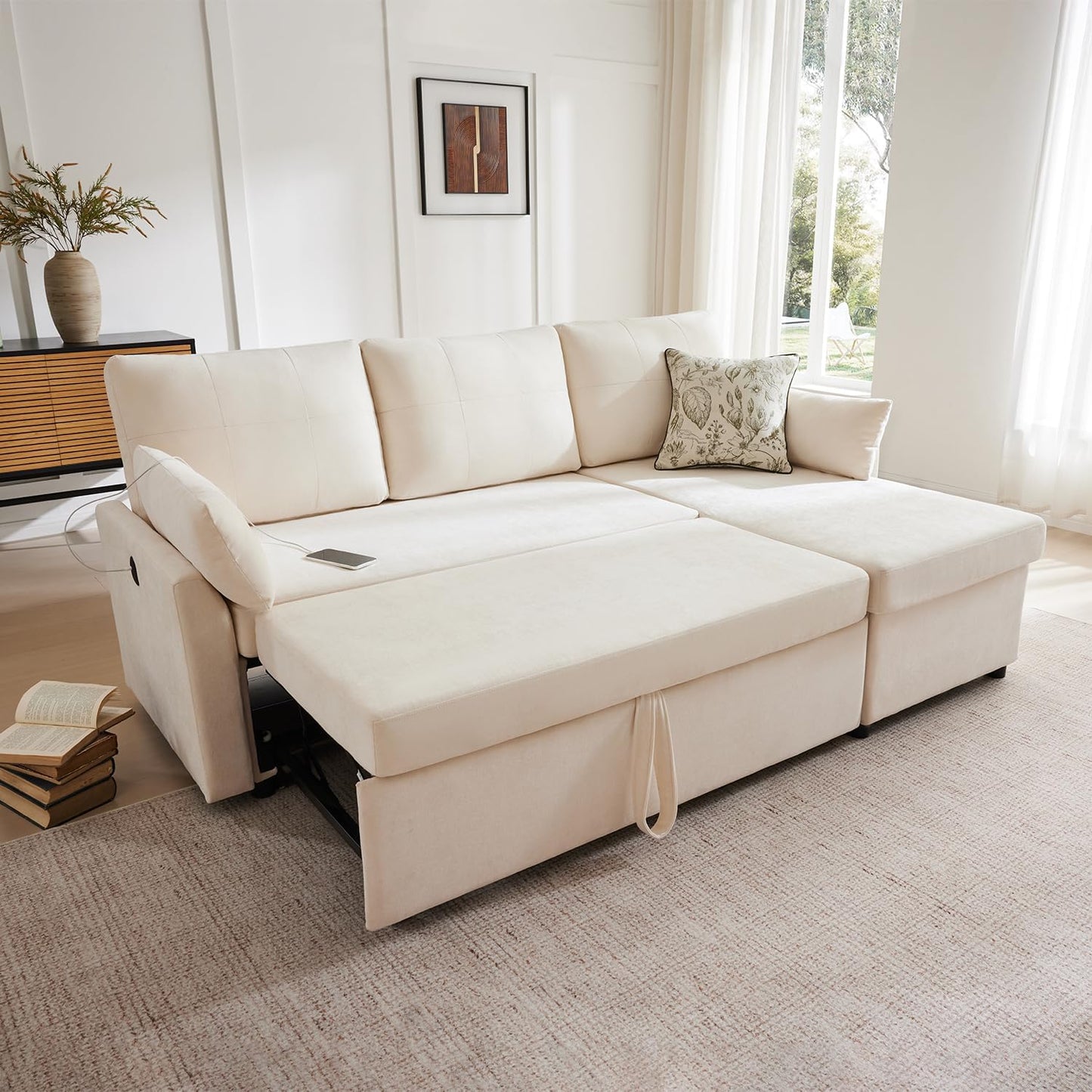 Waxberry Sectional Sofa Couch, Pull Out Couch Sleeper Sofa Bed with Storage for Living Room, Reversible Chaise, Side Pockets & Dual USB/Type-C Ports, Beige