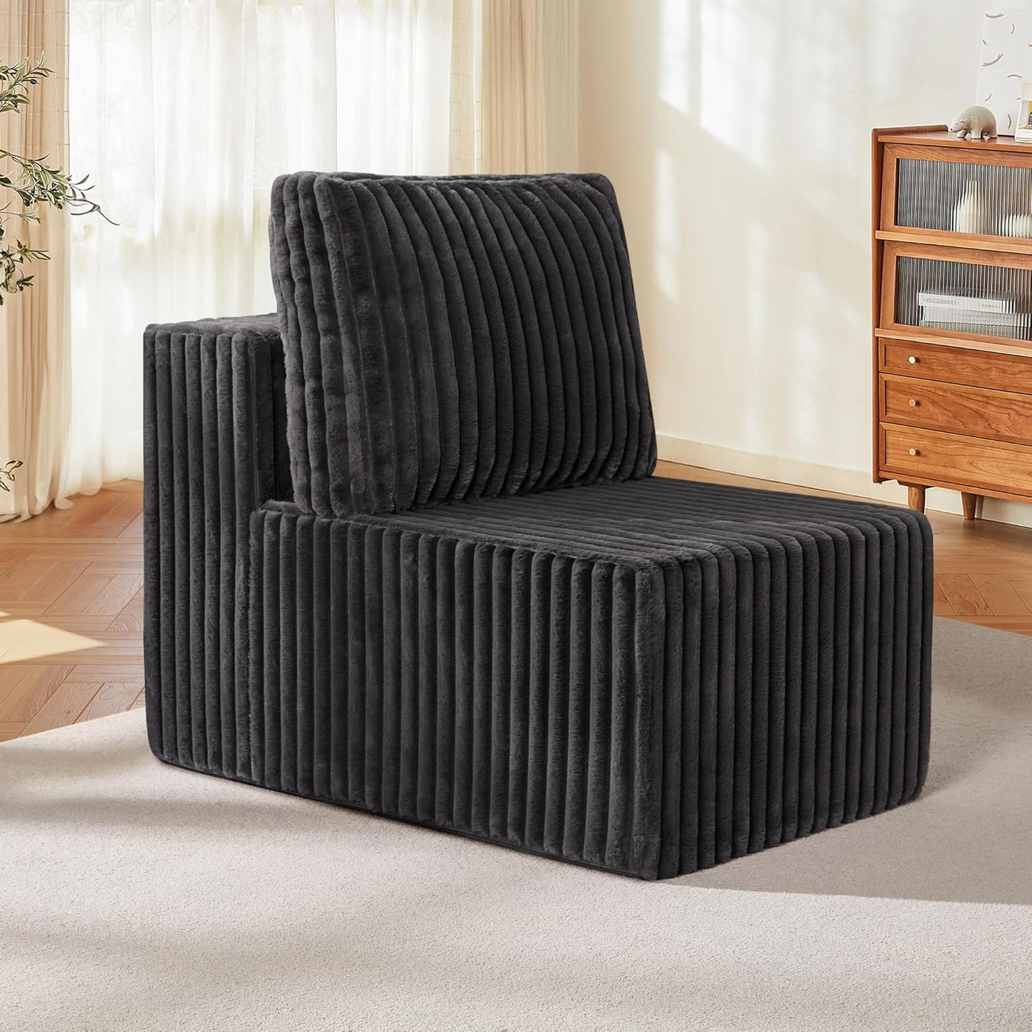 Single Sofa 1 Seat Couch with Deep Seat Memory Foam Cloud Chair with Pillows Large Sofa with L Shape for Living Room Bedroom (Strip Grey, Single)