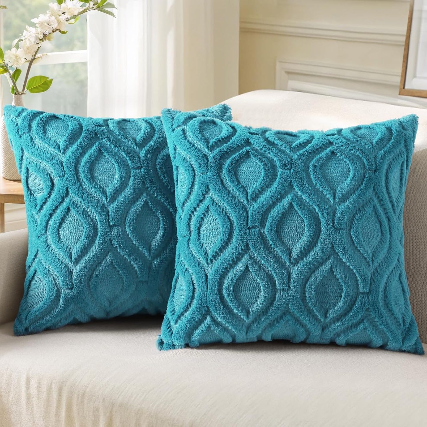 decorUhome Fall Throw Pillow Covers 20x20 Inch Set of 2, Soft Plush Decorative Faux Fur Teal Solid Couch Pillow Covers, Accent Farmhouse Neutral Square Euro Pillow Cases for Sofa Bed Living Room