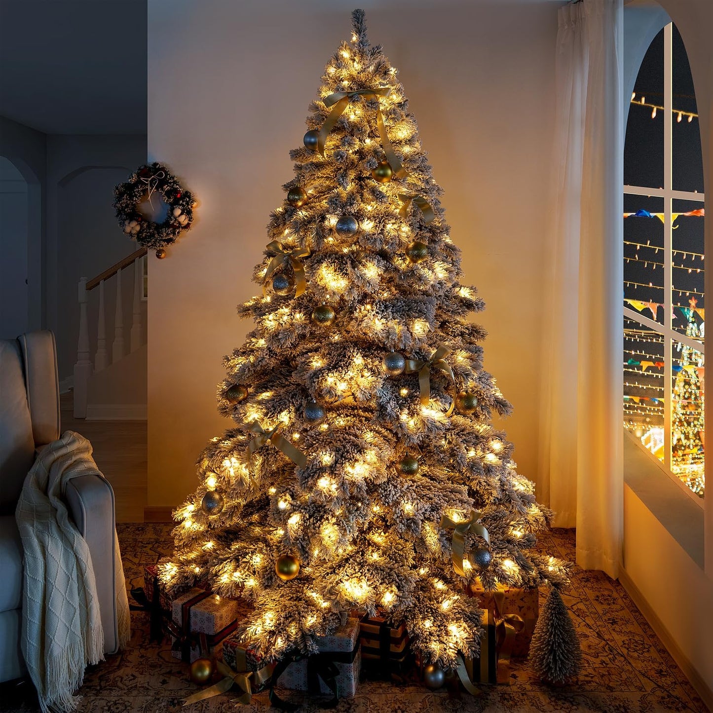 Naomi Home 7.5ft Snow Flocked Christmas Tree with Lights, Realistic Frosted Prelit with 1324 Branch Tips, 650 Warm Lights and Metal Stand, Aritificial Tree