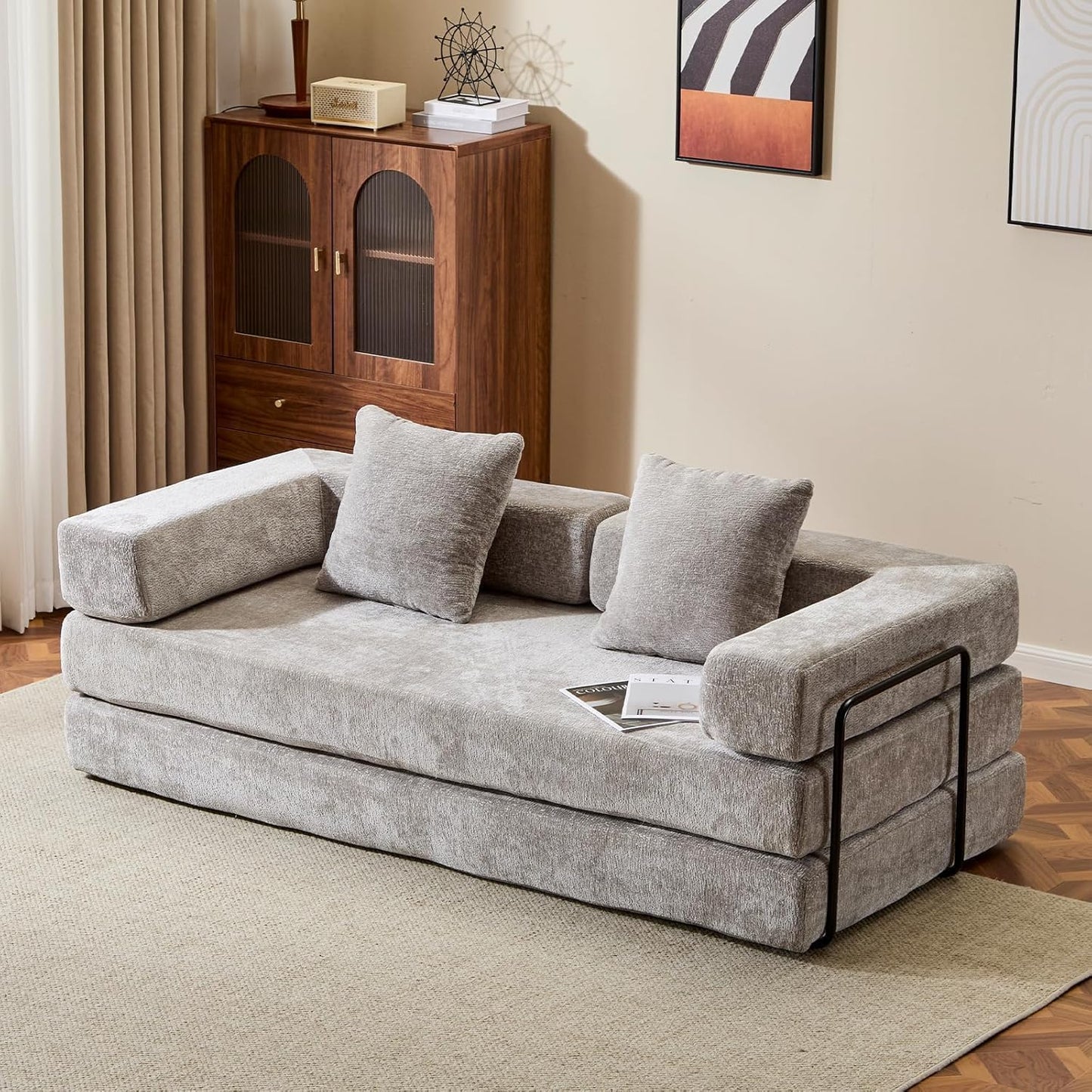 Convertible Sleeper Sofa Bed, Compression Folding Sofa with Pillow, No Assembly Required, Shape Frame, Floor Sofas Lounge Couchs for Living Room, Bedroom, Small Spaces(Chenille, 77''W, Light Grey)