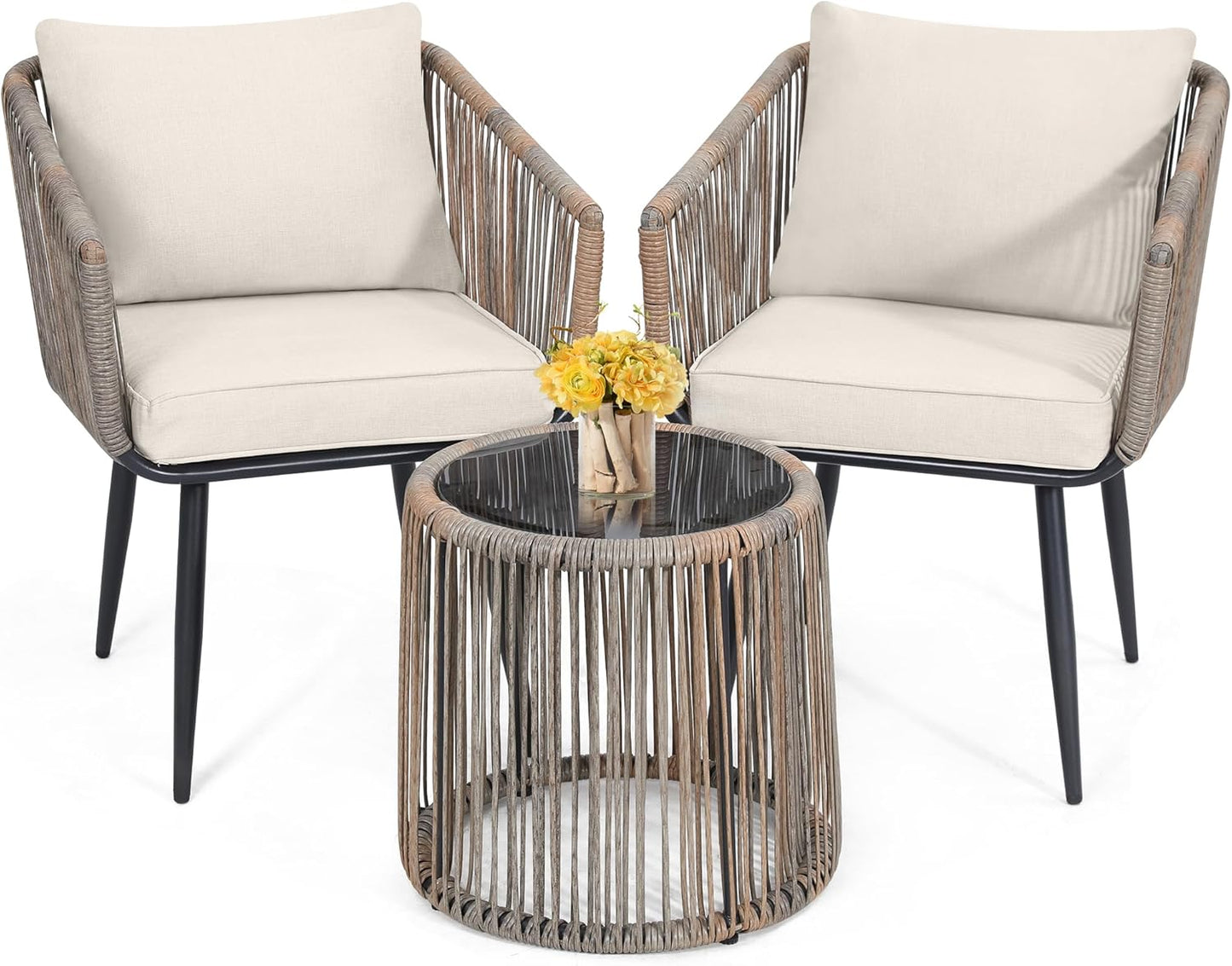 Kromax 3 Pieces Patio Rattan Bistro Conversation Set, Outdoor All-Weather Wicker Furniture Chairs and Side Table Set Ideal for Balcony, Porch and Backyard, Beige