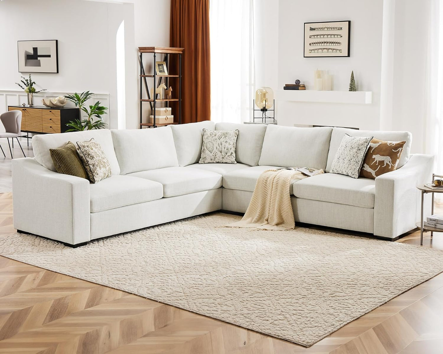 112" L Shaped Sectional Sofa with Detachable Sofa Cover, Reversible Sectional Modular Couch for Living Room, Linen Fabric Corner Couch with 7 Seats, Ivory