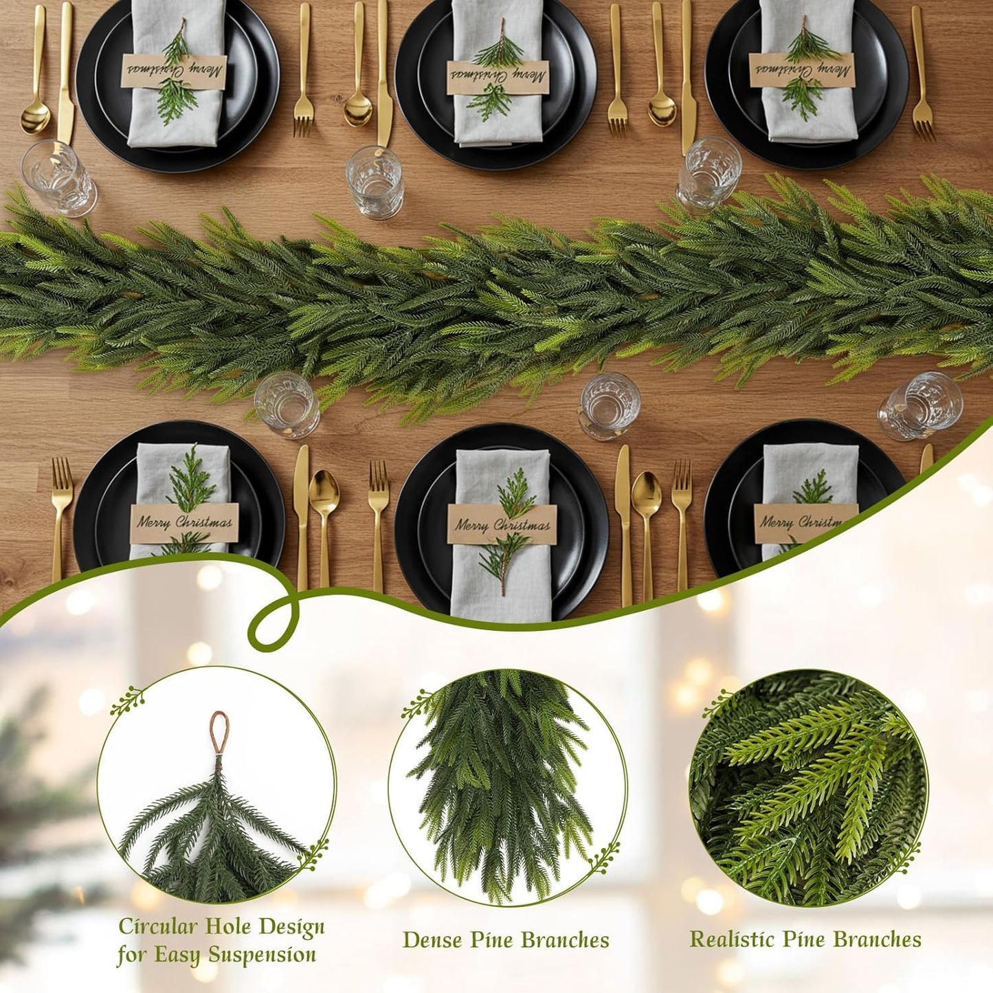 N&T NIETING 9FT Christmas Norfolk Pine Garland Real Touch Pine Artificial Garlands Faux Greenery Garland Winter Christmas Garland for Table Mantle Fireplace Indoor Outdoor Xmas Decorations (1 Pcs)
