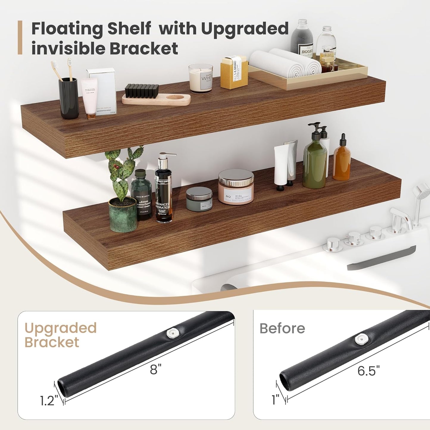 Heimlove 12 Inch Deep Floating Shelves, 48 x 12 inches Long Wall Shelf, Large Display Shelf & Storage Shelf, Rustic Wood Wall Shelves for Fireplace Mantel, Set of 2(Walnut)