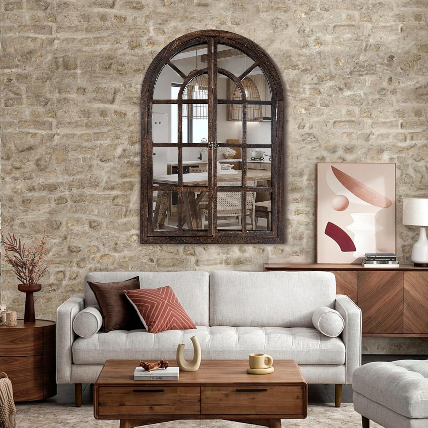 Arched Wall Mirror with Window Design, 36"x24" Rustic Farmhouse Wood Mirror for Wall Decor, Decorative Vintage Arch Mirror for Living Room, Bedroom, Entryway