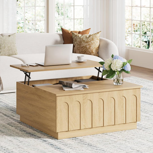 Lift Top Coffee Table with Storage, Modern Coffee Table with Arched Design, 31.5" Square Tea Table with Wood Grain, Boho Multifunctional Center Table for Living Room, Office, Oak