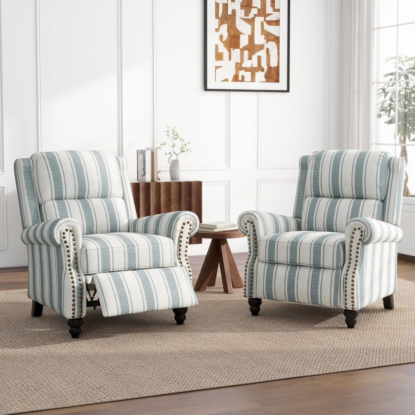 UIXE Pushback Recliner Chair, Fabric Armchair Push Back Accent Chair for Living Room, Rivet Trim Club Arm Chair Overstuffed Home Theater Single Sofa Bedroom Reading Seat with Footrest - Stripe Blue