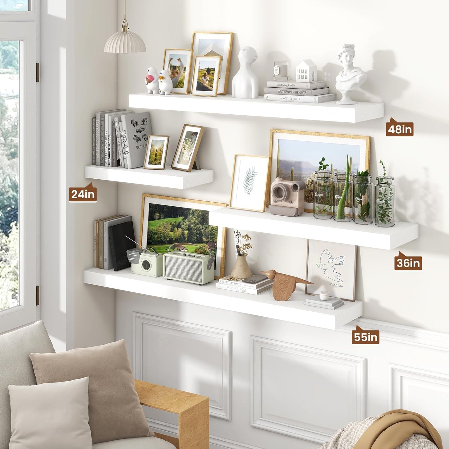 Heimlove 36 Inch Floating Shelves for Wall Set of 2,White Wall Shelves for Storage & Decor - Heavy Duty with Invisible Brackets,Perfect for Living Room,Bedroom,Home Office