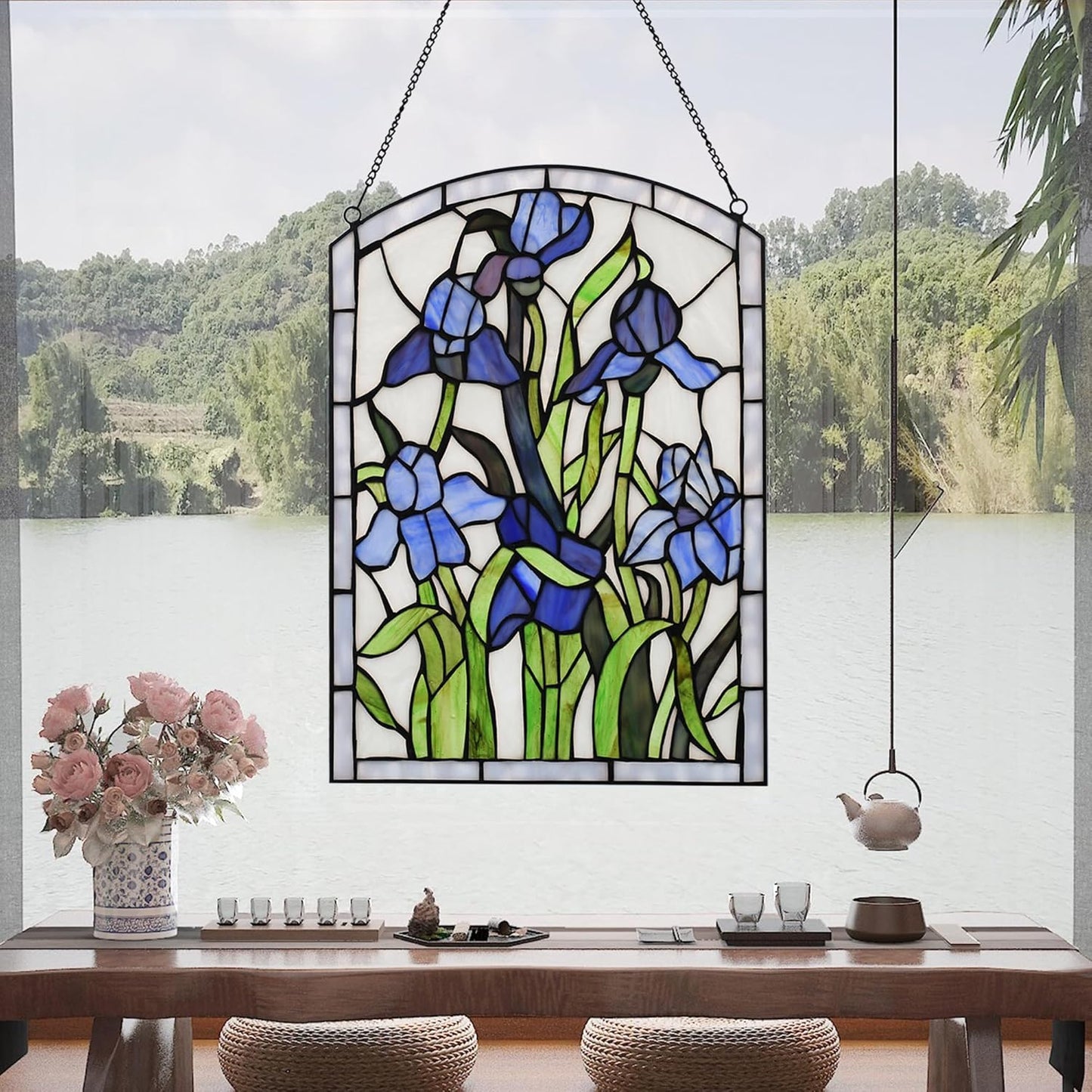 YOURANJU Iris Stained Glass Window Hanging 16" H x 11" W Tiffany Style Blue Rectangular Window Panel Suitable for Living Room Bedroom Kitchen Window Decoration Hangings with Chain