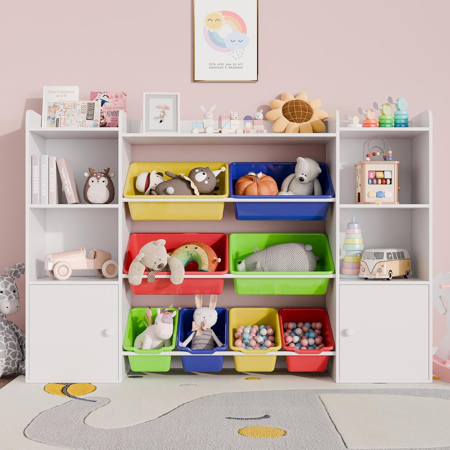 Xilingol Kids Toy Storage Organizer W/8 Removable Toy Bins, 4-Tier Toy Organizers W/6 Storage Cubbies, Kid Bookshelf and Toy Storage for Playroom, Bedroom, Kids Room, Classroom