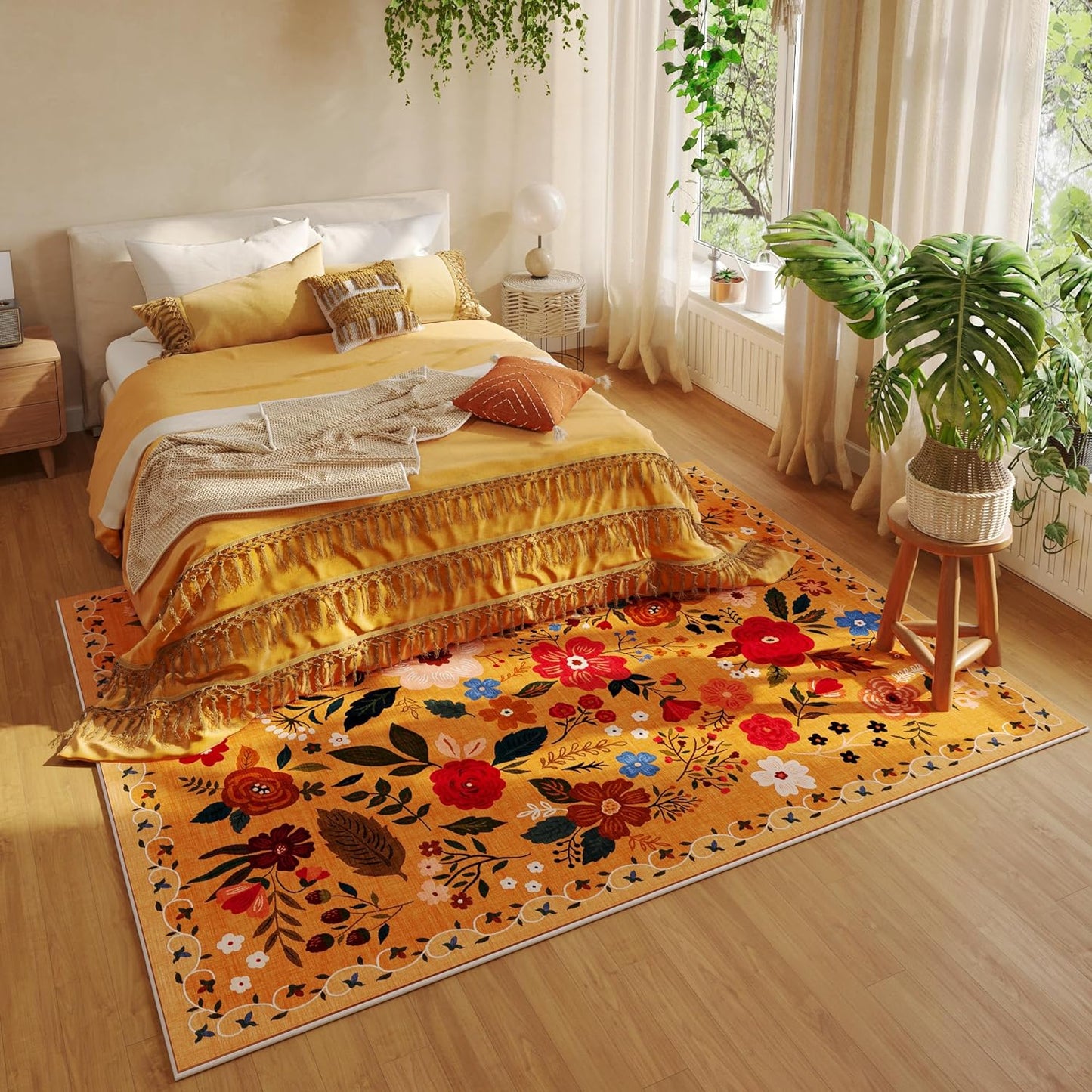 Living Room Rug 5x7 Rug Machine Washable Boho Area Rug Non Slip Floral Vintage Low Pile Large Rugs for Living Room, Bedroom, Farmhouse, Dining Room, Kids Playroom(Yellow)