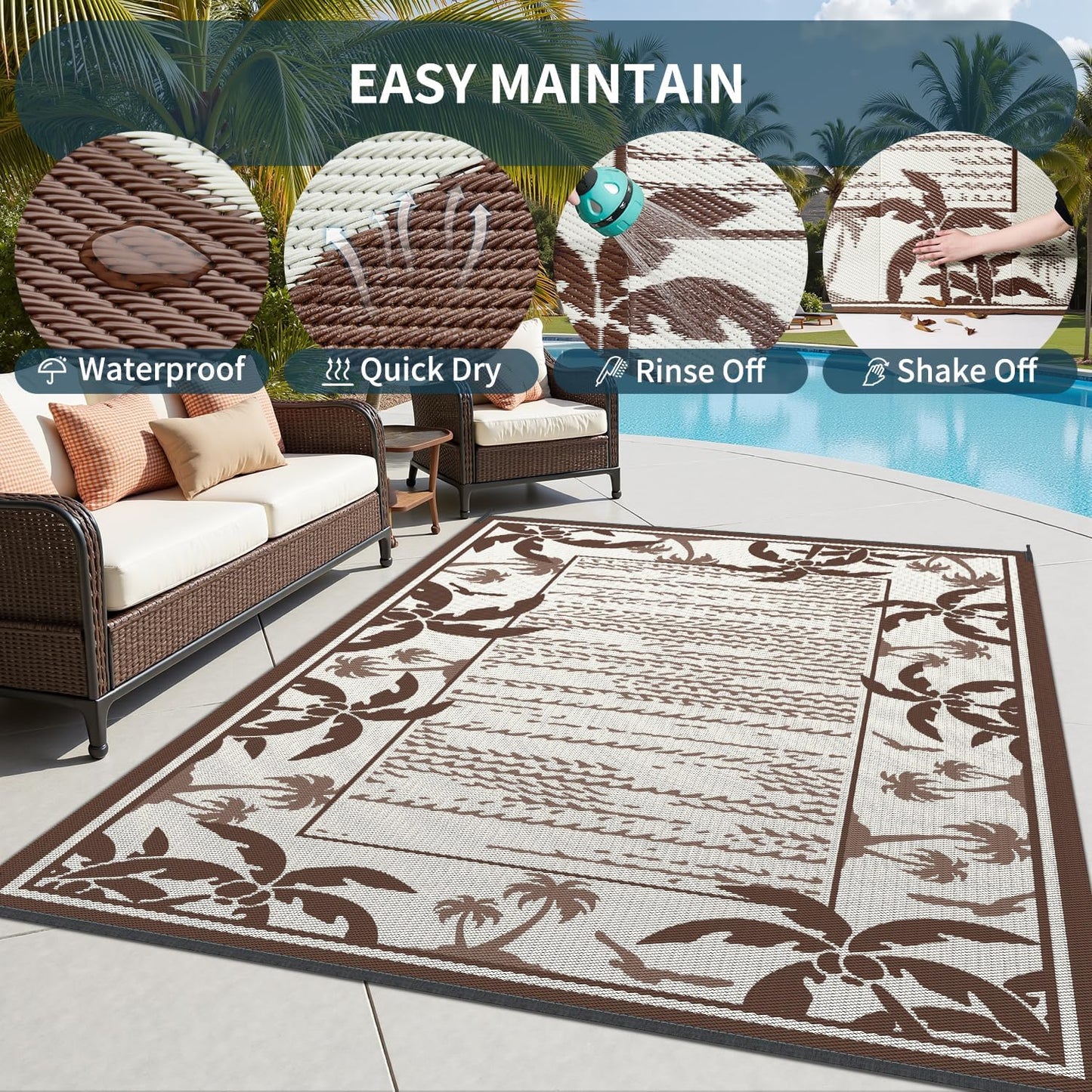 COCOER Outdoor-Rug 8x10 ft Waterproof Reversible Outdoor Plastic Straw Rug RV Indoor Outdoor Carpet Quick Dry Patio Rug Camping Mat for Balcony Backyard Picnic Beach-Brown&Beige