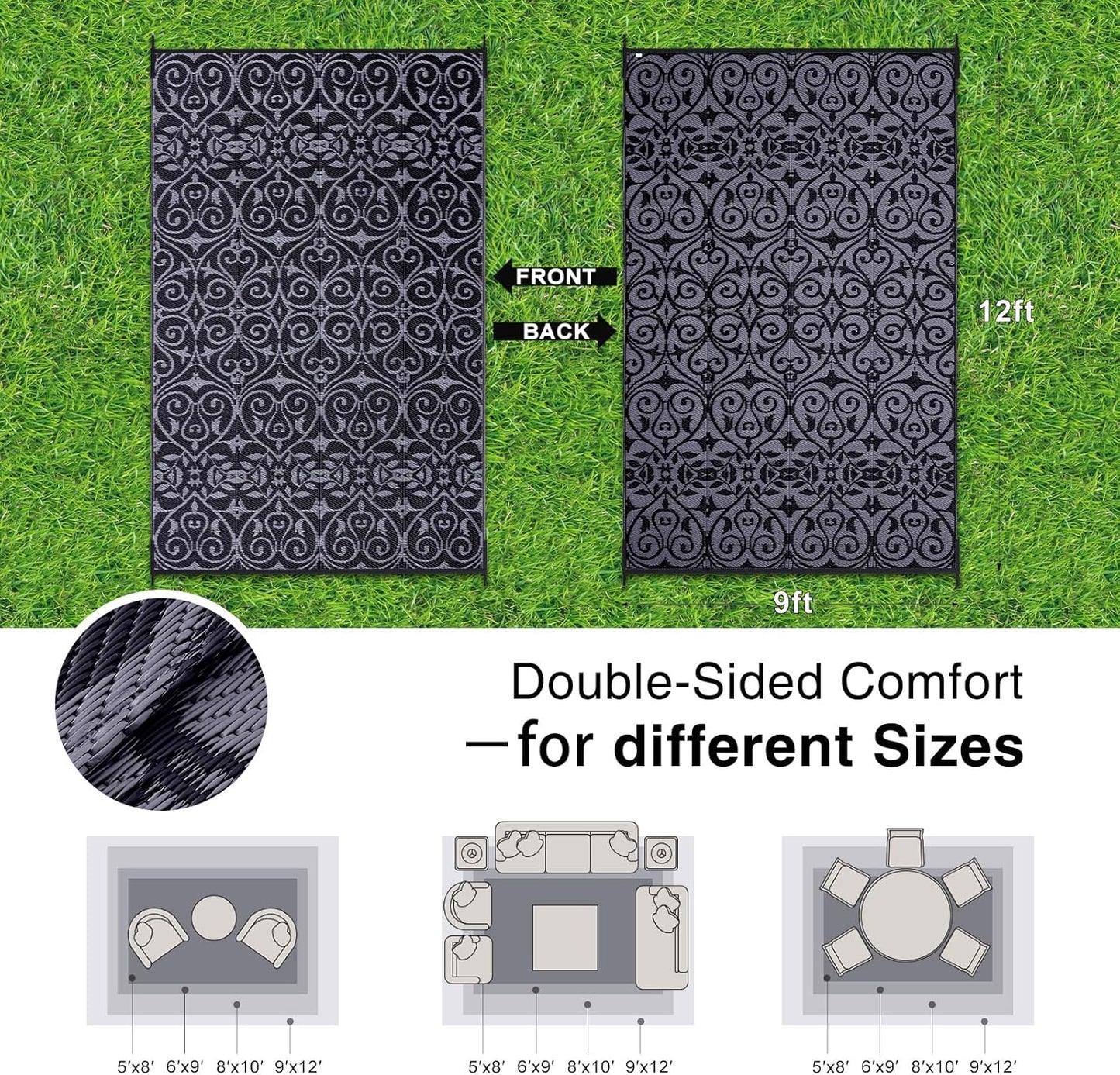 OLANLY Outdoor Rug Waterproof 9x12 ft Clearance, Reversible Outdoor Plastic Straw Rug with Floral Pattern, RV Mat for Patio, Camping, Balcony, Deck, Backyard, Black & Grey