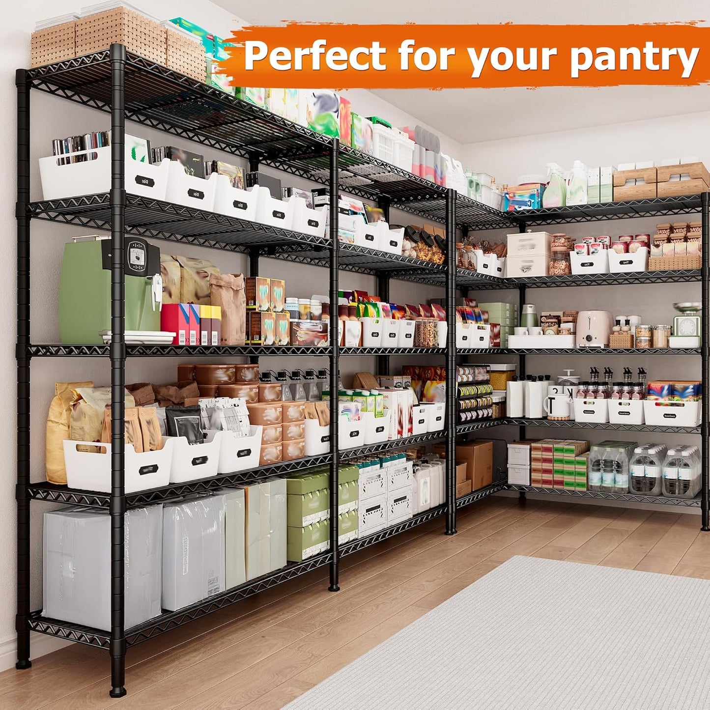 REIBII 1600LBS Storage Shelves Metal Shelving 5 Tier Wire Shelving Unit, 69.8" W Pantry Shelves Kitchen Shelves Adjustable Wire Shelf for Garage Storage Shelves, 69.8" Wx15.8 Dx72.4 H, Black